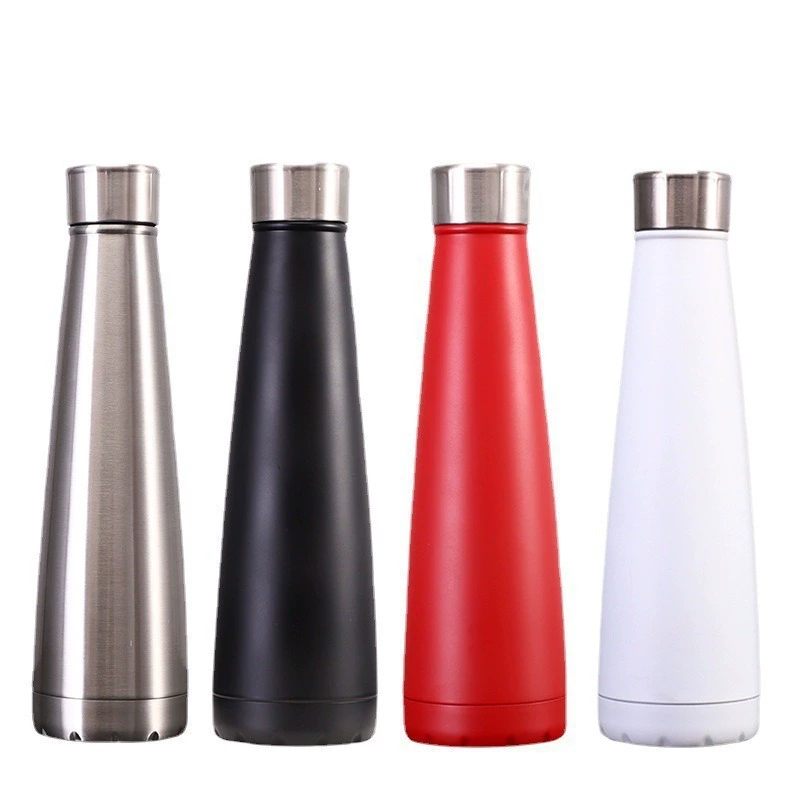 Silver, black, red and white contoured water bottles on a white background.